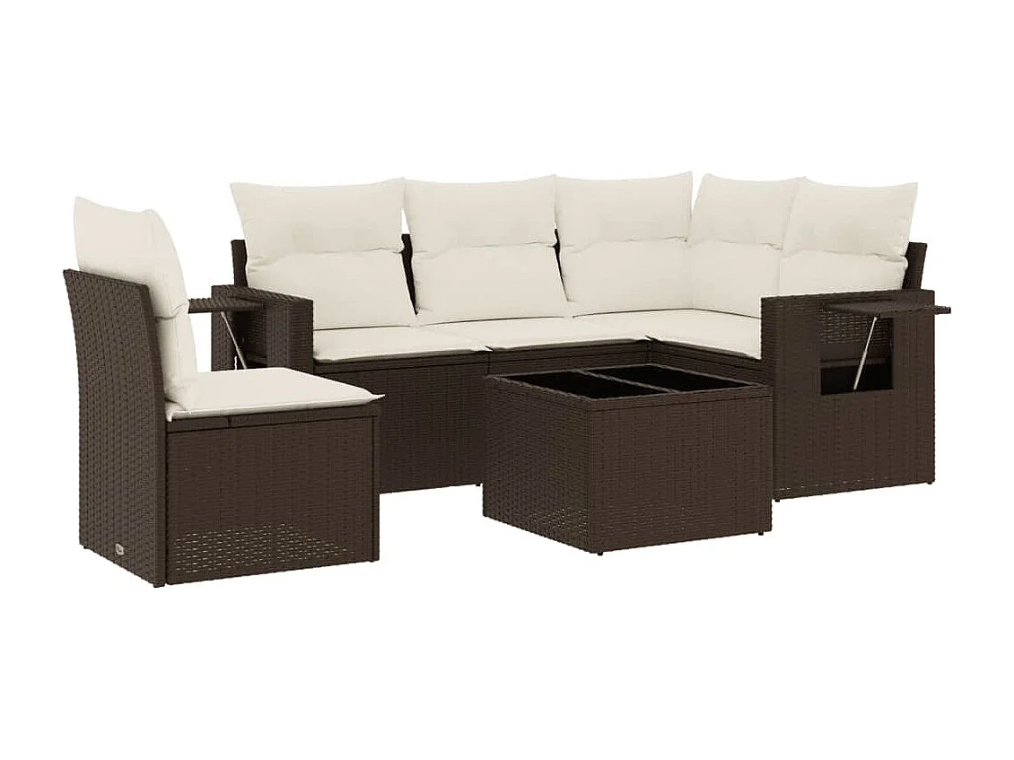 6-delige Loungeset met kussens poly rattan bruin