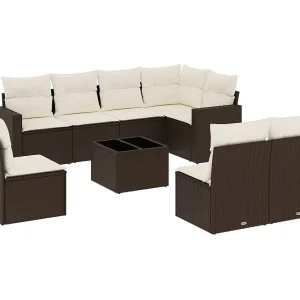 9-delige Loungeset met kussens poly rattan bruin