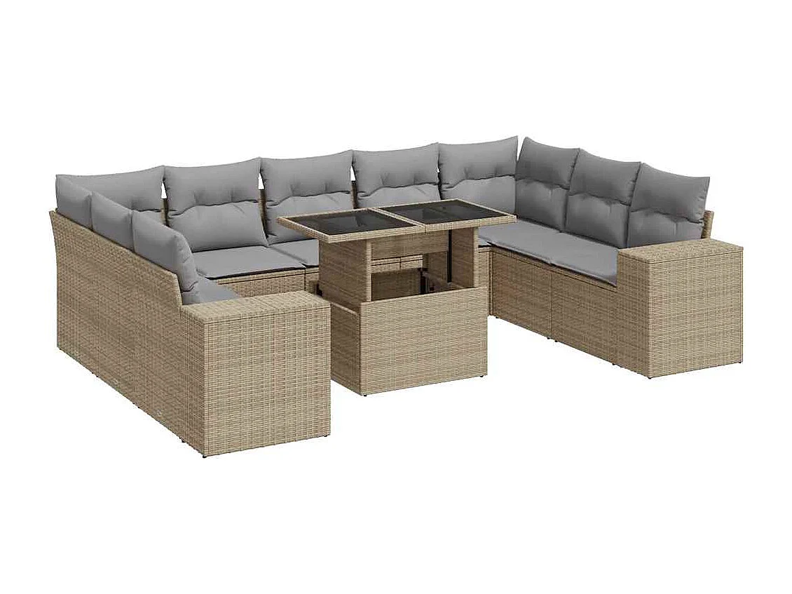 10-delige Loungeset met kussens poly rattan beige