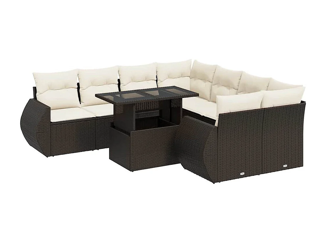 9-delige Loungeset met kussens poly rattan bruin