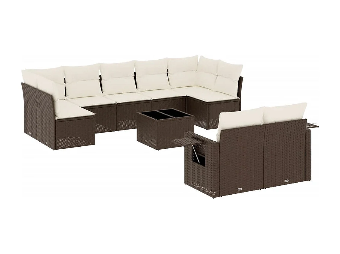 10-delige Loungeset met kussens poly rattan bruin