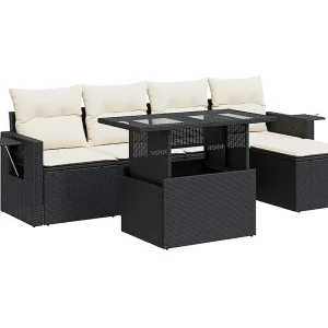 6-delige Loungeset met kussens poly rattan zwart