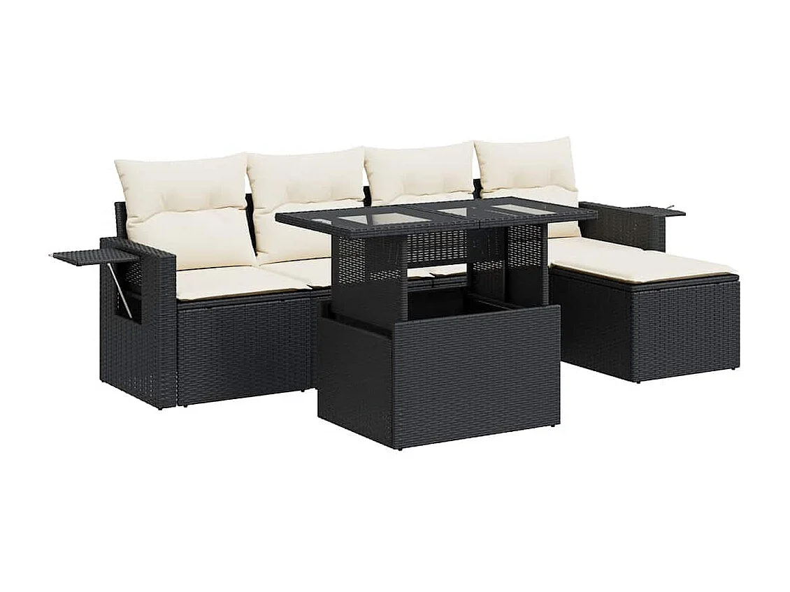 6-delige Loungeset met kussens poly rattan zwart