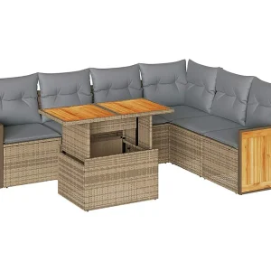 7-delige Loungeset met kussens poly rattan acacia beige 7-delige Loungeset met kussens poly rattan acacia beige