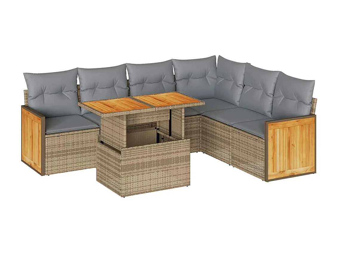 7-delige Loungeset met kussens poly rattan acacia beige