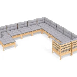 11-delige Loungeset met grijze kussens grenenhout 11-delige Loungeset met grijze kussens grenenhout