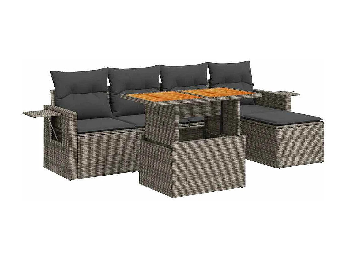 6-delige Loungeset met kussens poly rattan grijs