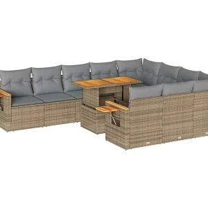 11-delige Tuinset met kussens poly rattan acacia beige