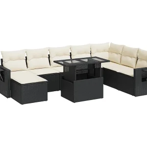 9-delige Loungeset met kussens poly rattan zwart 9-delige Loungeset met kussens poly rattan zwart