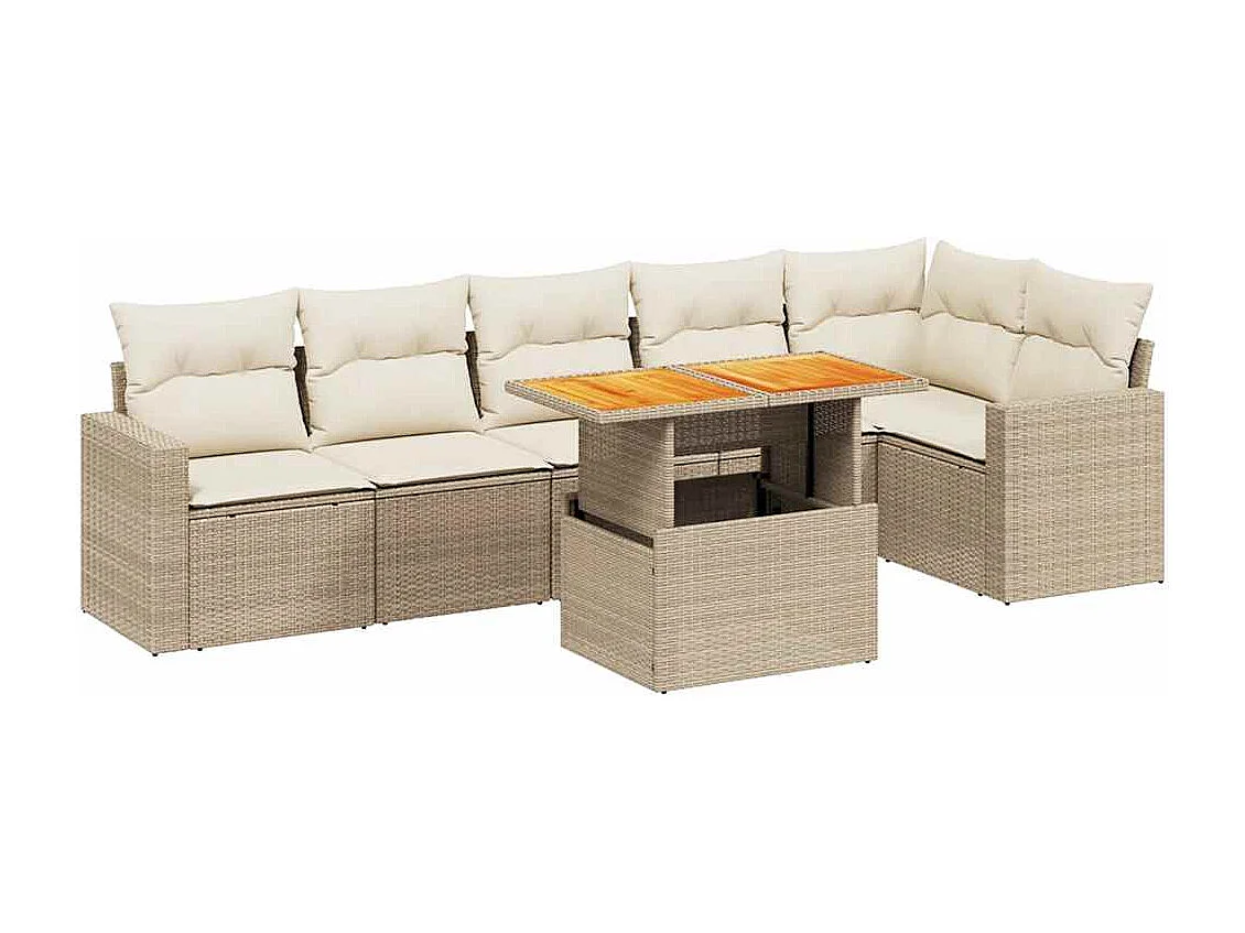 7-delige Loungeset met kussens poly rattan beige