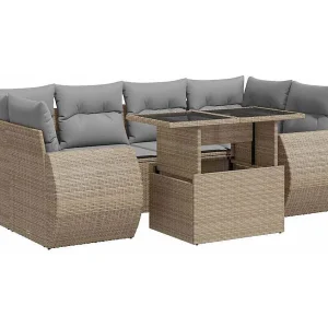 7-delige Loungeset met kussens poly rattan beige