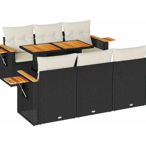7-delige Loungeset met kussens poly rattan acacia zwart 7-delige Loungeset met kussens poly rattan acacia zwart