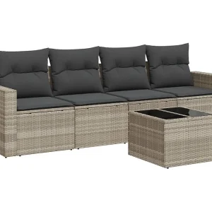 5-delige Loungeset met kussens poly rattan lichtgrijs