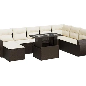9-delige Loungeset met kussens poly rattan bruin