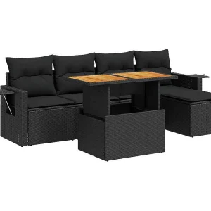 6-delige Loungeset met kussens poly rattan zwart 6-delige Loungeset met kussens poly rattan zwart