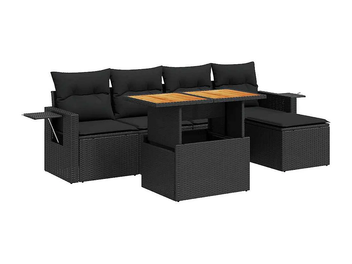 6-delige Loungeset met kussens poly rattan zwart