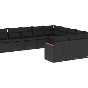 11-delige Loungeset met kussens poly rattan zwart