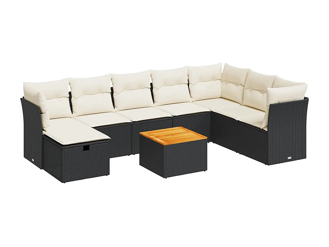 9-delige Loungeset met kussens poly rattan zwart