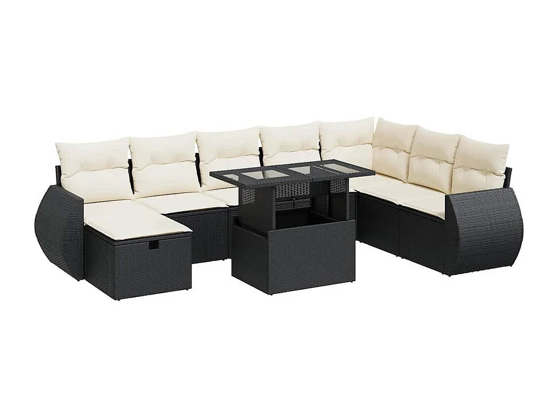 9-delige Loungeset met kussens poly rattan zwart