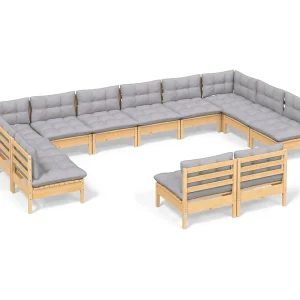 12-delige Loungeset met grijze kussens massief grenenhout 12-delige Loungeset met grijze kussens massief grenenhout