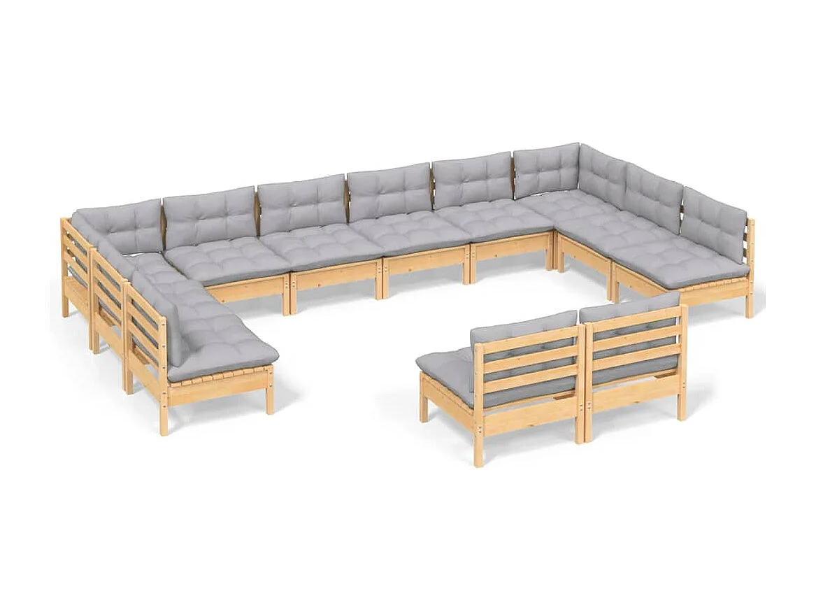 12-delige Loungeset met grijze kussens massief grenenhout