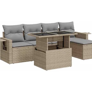 6-delige Loungeset met kussens poly rattan beige 6-delige Loungeset met kussens poly rattan beige