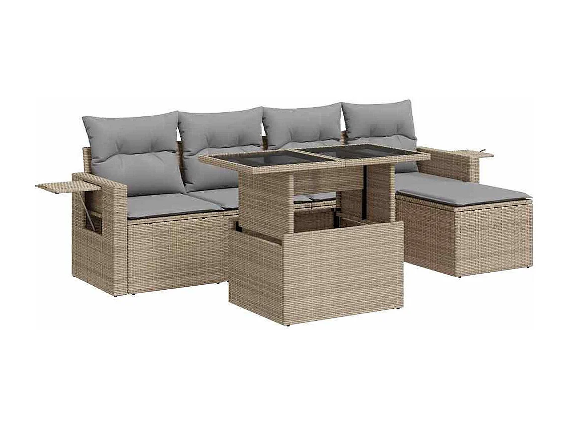 6-delige Loungeset met kussens poly rattan beige