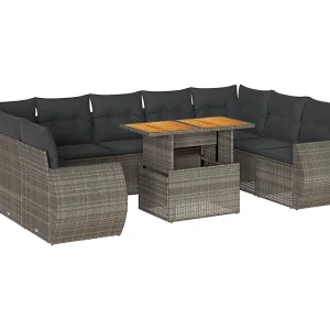 10-delige Loungeset met kussens poly rattan grijs