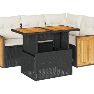5-delige Loungeset met kussens poly rattan acacia zwart