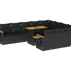 11-delige Loungeset met kussens poly rattan acacia zwart 11-delige Loungeset met kussens poly rattan acacia zwart