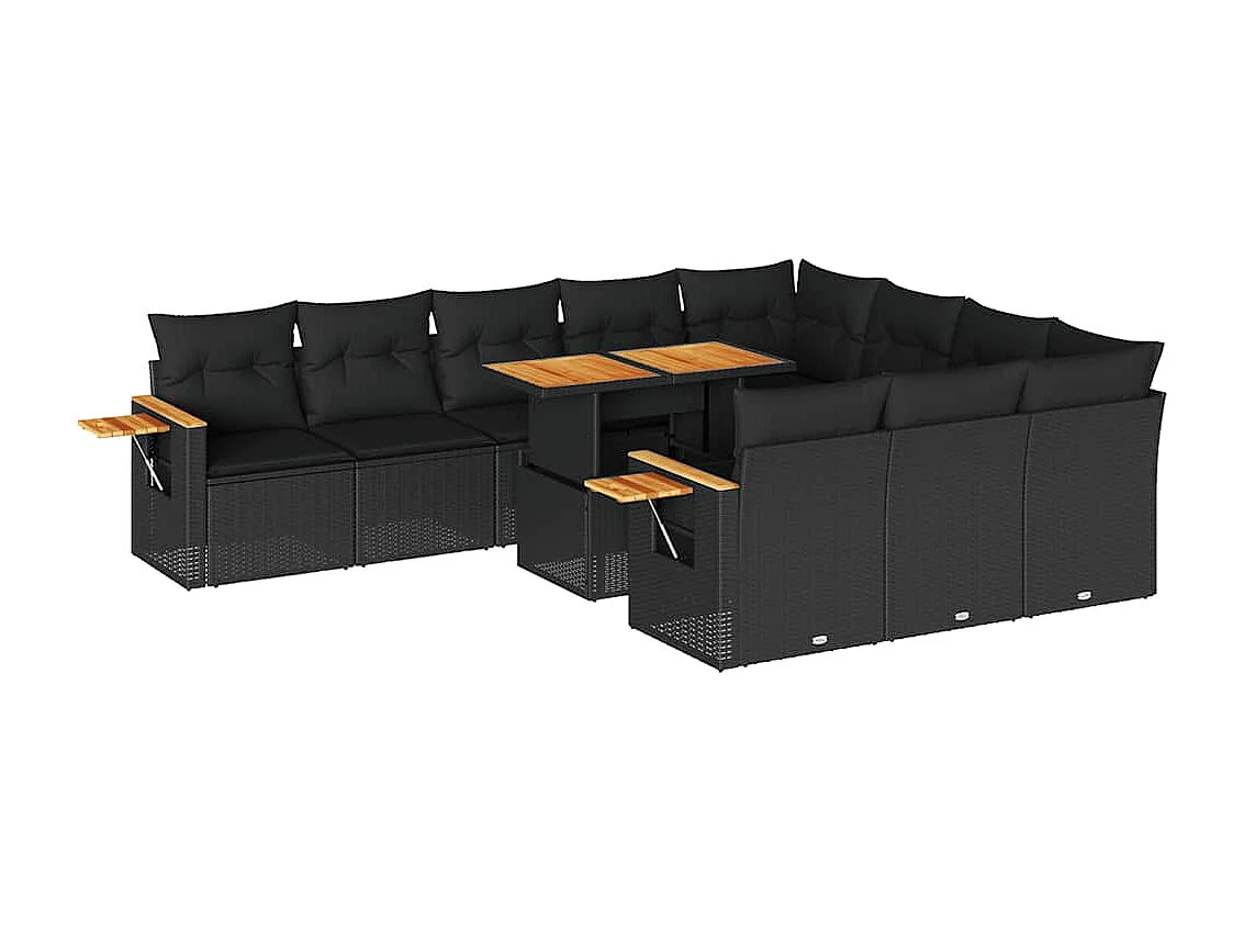11-delige Loungeset met kussens poly rattan acacia zwart