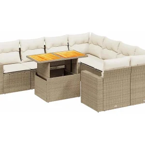 9-delige Loungeset met kussens poly rattan beige