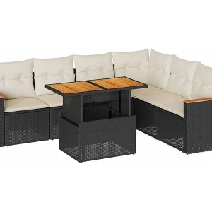 7-delige Loungeset met kussens poly rattan acacia zwart 7-delige Loungeset met kussens poly rattan acacia zwart