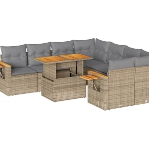 9-delige Loungeset met kussens poly rattan acacia beige 9-delige Loungeset met kussens poly rattan acacia beige