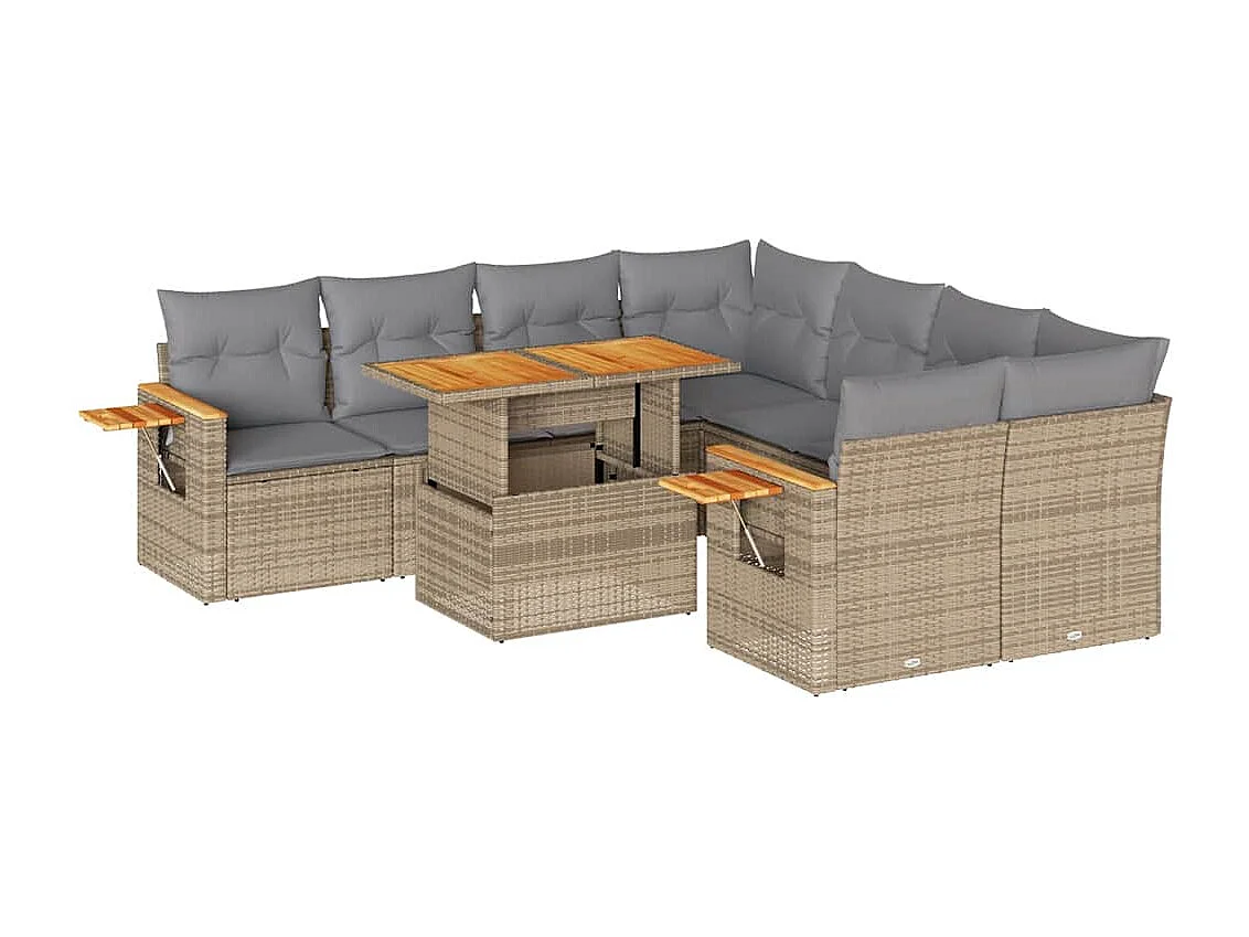 9-delige Loungeset met kussens poly rattan acacia beige