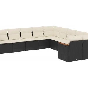 10-delige Loungeset met kussens poly rattan zwart
