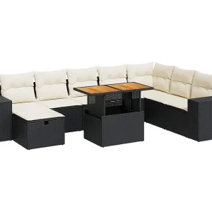 9-delige Loungeset met kussens poly rattan acacia zwart 9-delige Loungeset met kussens poly rattan acacia zwart
