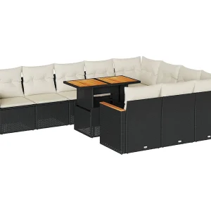 11-delige Loungeset met kussens poly rattan acacia zwart 11-delige Loungeset met kussens poly rattan acacia zwart