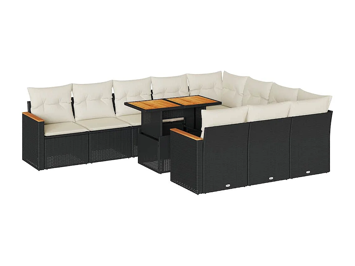 11-delige Loungeset met kussens poly rattan acacia zwart