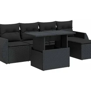 6-delige Loungeset met kussens poly rattan zwart