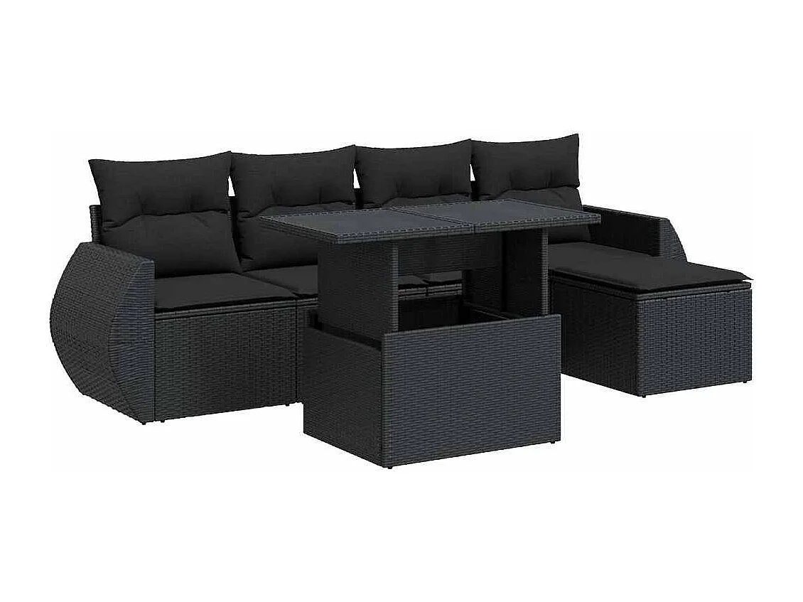 6-delige Loungeset met kussens poly rattan zwart
