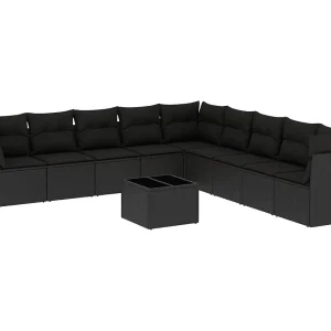 10-delige Loungeset met kussens poly rattan zwart 10-delige Loungeset met kussens poly rattan zwart