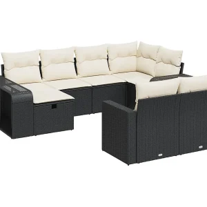 10-delige Loungeset met kussens poly rattan zwart