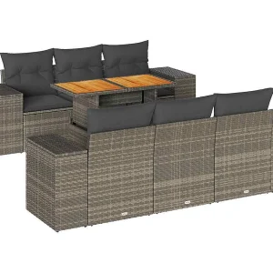 7-delige Loungeset met kussens poly rattan grijs