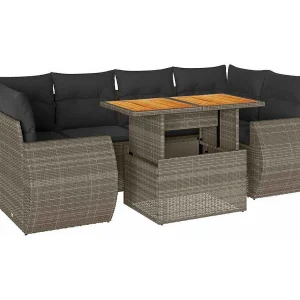 7-delige Loungeset met kussens poly rattan grijs
