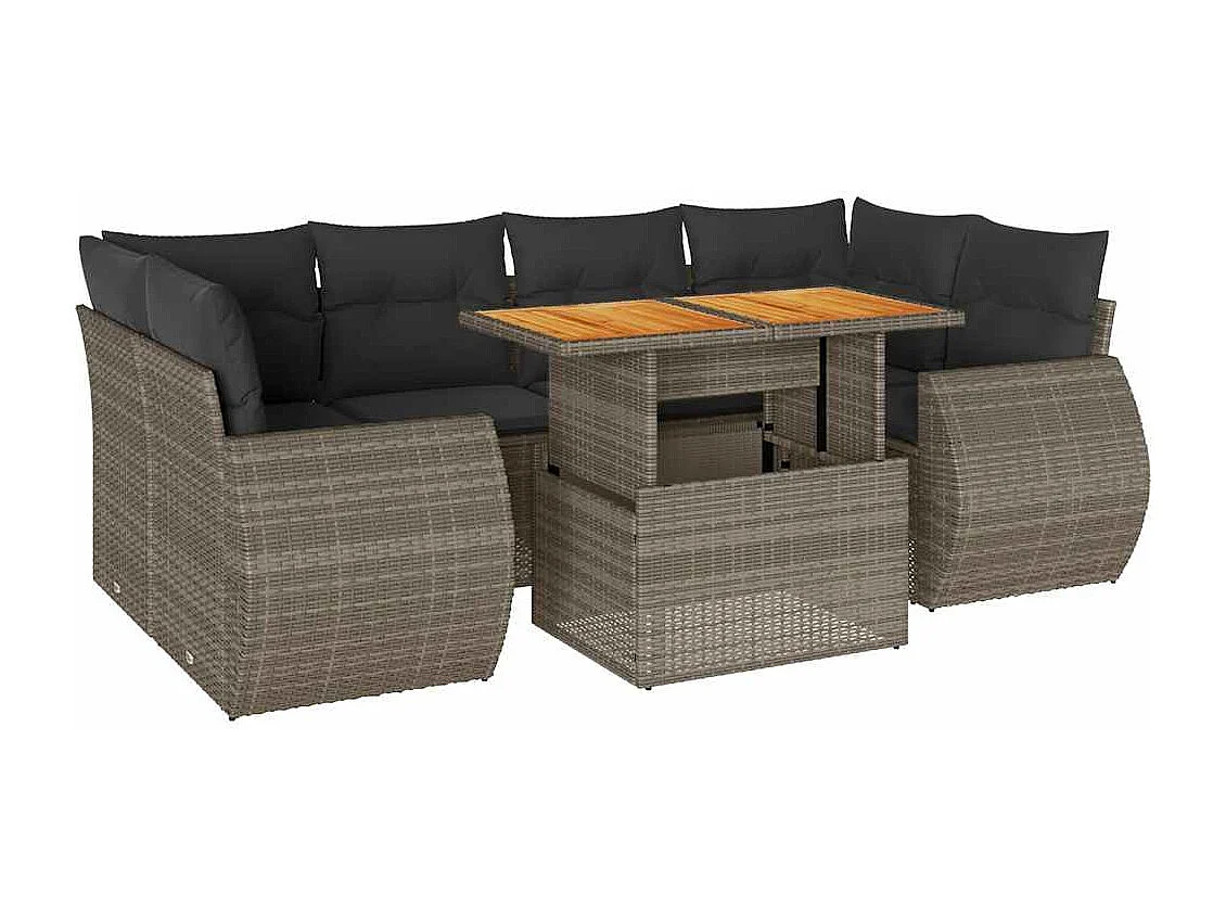 7-delige Loungeset met kussens poly rattan grijs