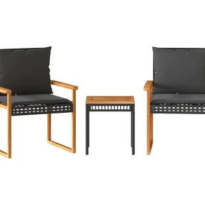 3-delige Bistroset met kussens poly rattan en acaciahout zwart 3-delige Bistroset met kussens poly rattan en acaciahout zwart