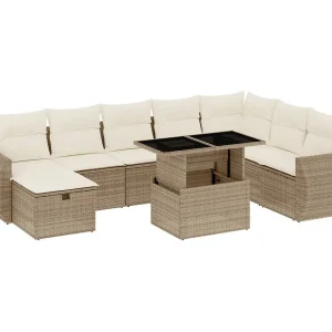 9-delige Loungeset met kussens poly rattan beige