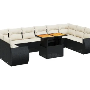 11-delige Loungeset met kussens poly rattan zwart