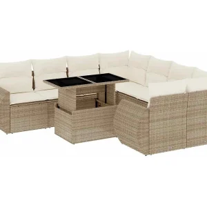 9-delige Loungeset met kussens poly rattan beige